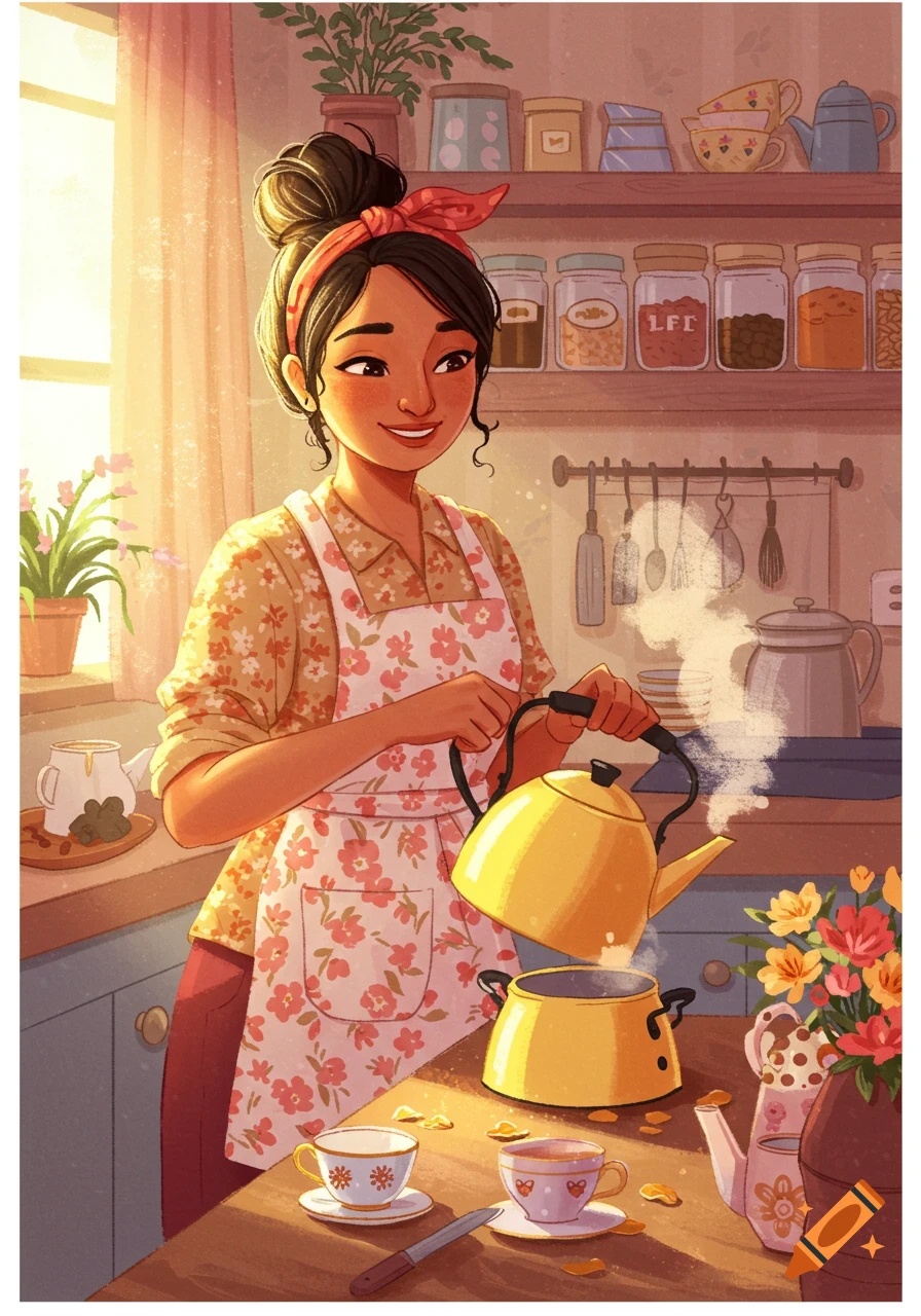 An illustrated woman in a sunny kitchen pours hot water from a yellow kettle into a pot, with teacups on the counter.