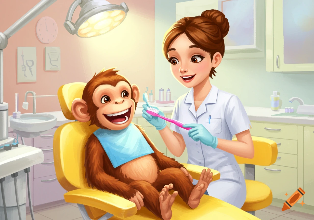 A happy cartoon monkey sits in a yellow dentist chair, smiling. A female dentist assistant holds a pink toothbrush to its mouth.