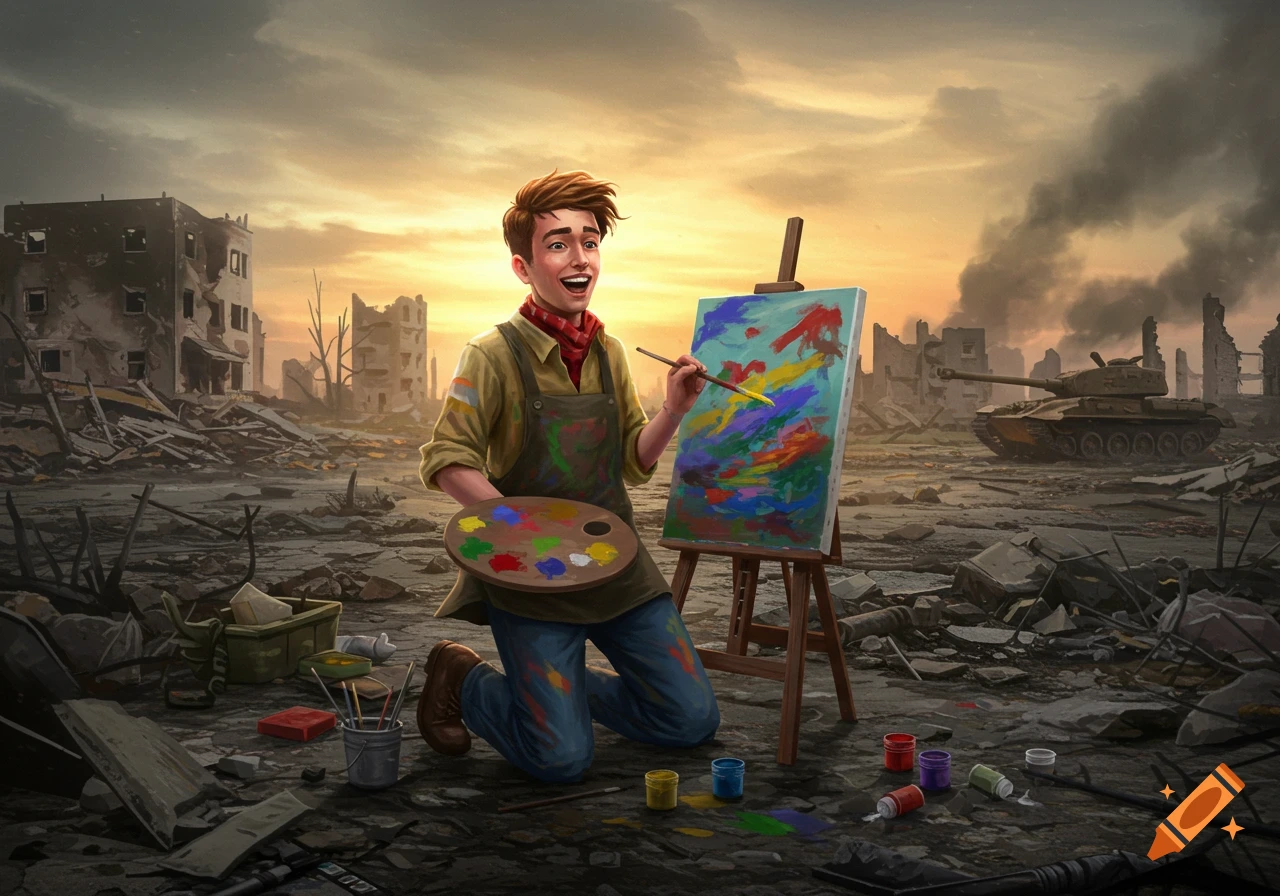 A happy artist paints a colorful artwork in a desolate, war-torn city with ruined buildings and a tank under a dramatic sky.