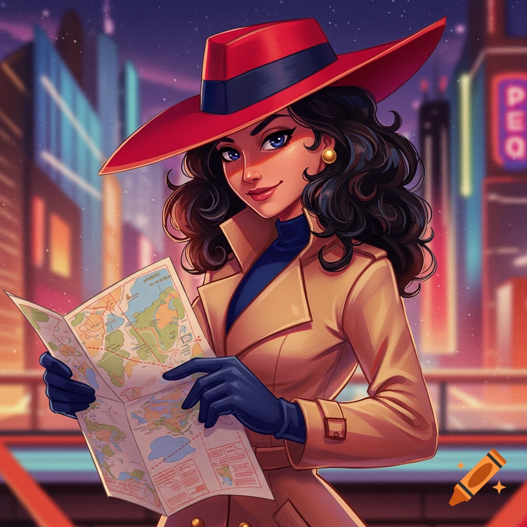 A cartoon woman resembling Carmen Sandiego, wearing a red hat and trench coat, holds an open map in a neon-lit city at night.
