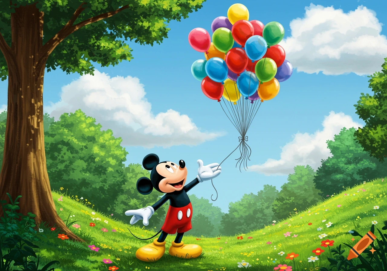Mickey Mouse stands in a vibrant green field filled with flowers, looking up as he releases a large bunch of colorful balloons into the blue sky.