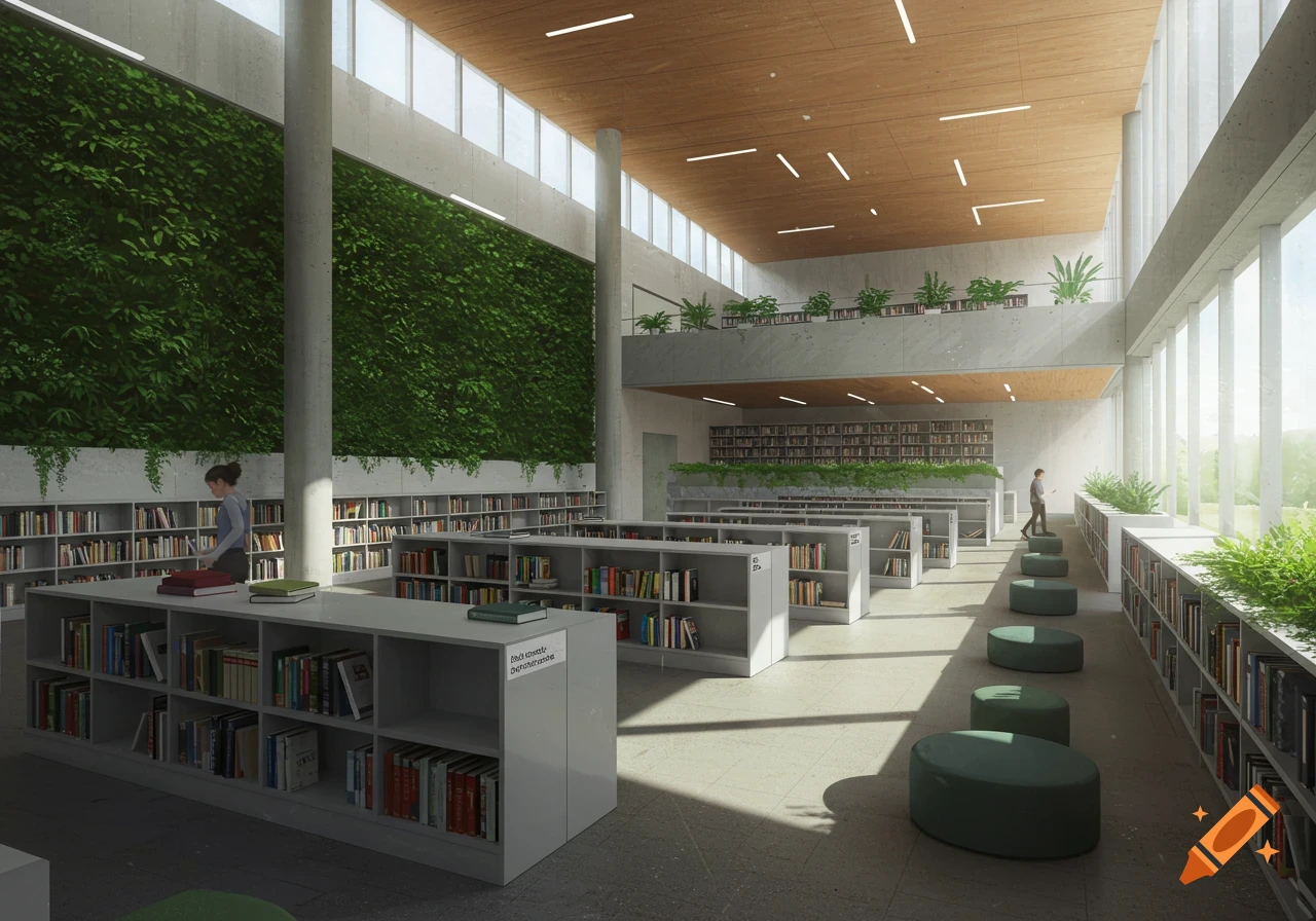 A bright, modern library interior with high ceilings, tall windows, a large green living wall, wooden ceilings, bookshelves, and two people.