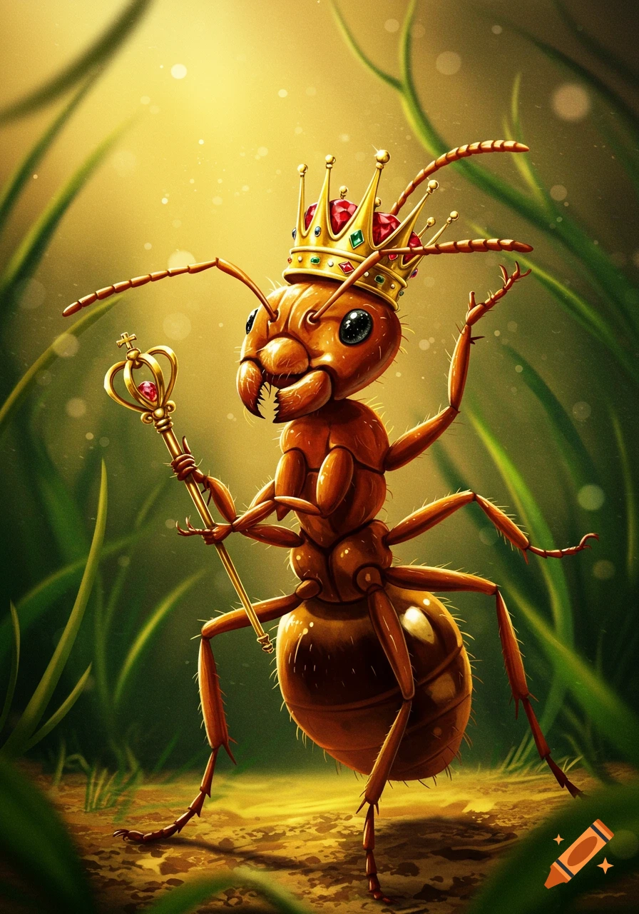 A cartoon ant wearing a golden crown and holding a golden scepter stands in a vibrant, sunlit, green environment.