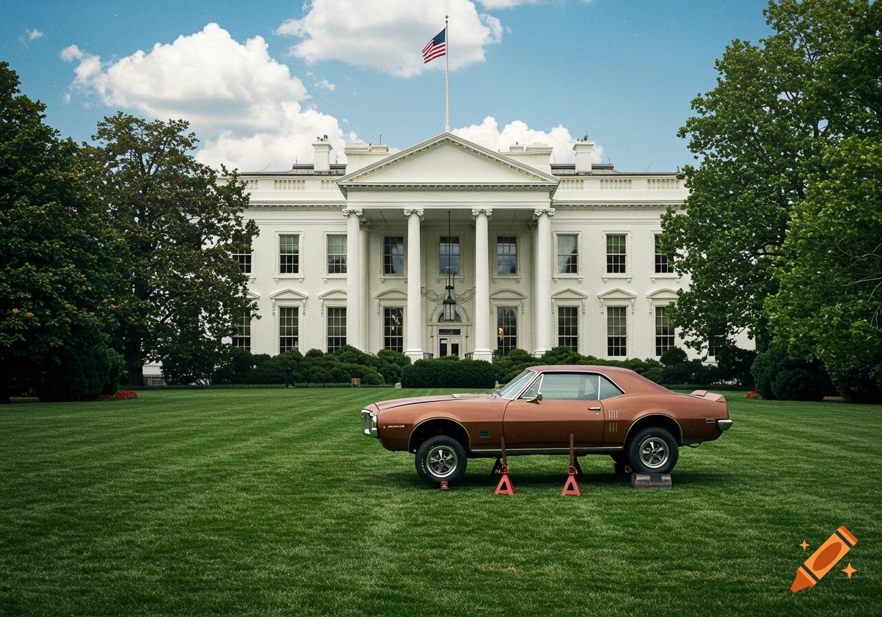 A bronze Pontiac Firebird coupe sits on red car jacks with its hood up on the green front lawn of the White House under a blue sky.