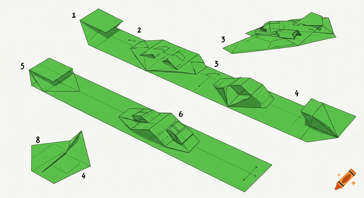 A step-by-step diagram showing how to fold a green rectangular piece of paper into an origami B-2 bomber aircraft.