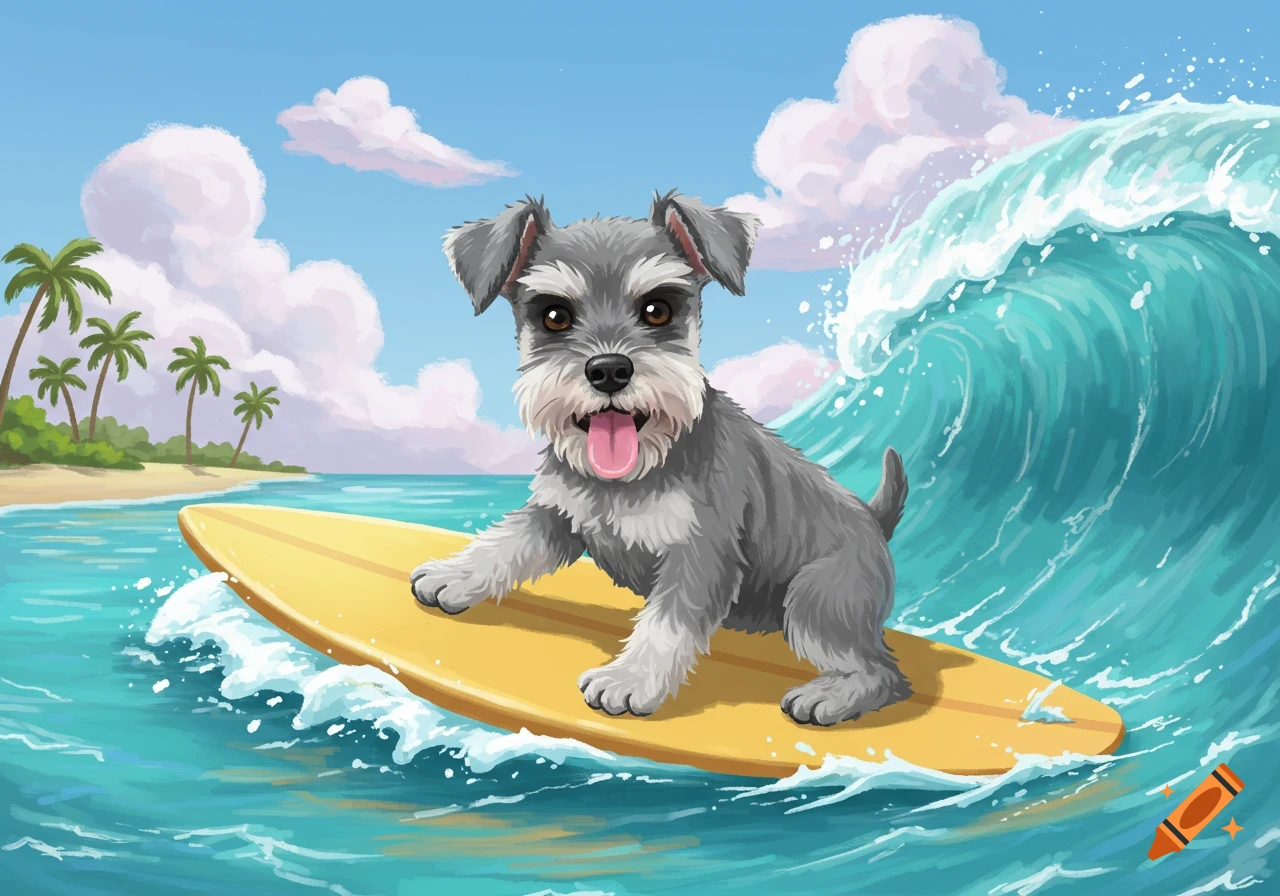 A cute cartoon miniature schnauzer dog surfs on a yellow surfboard on a blue ocean wave, with a beach and palm trees in the background.