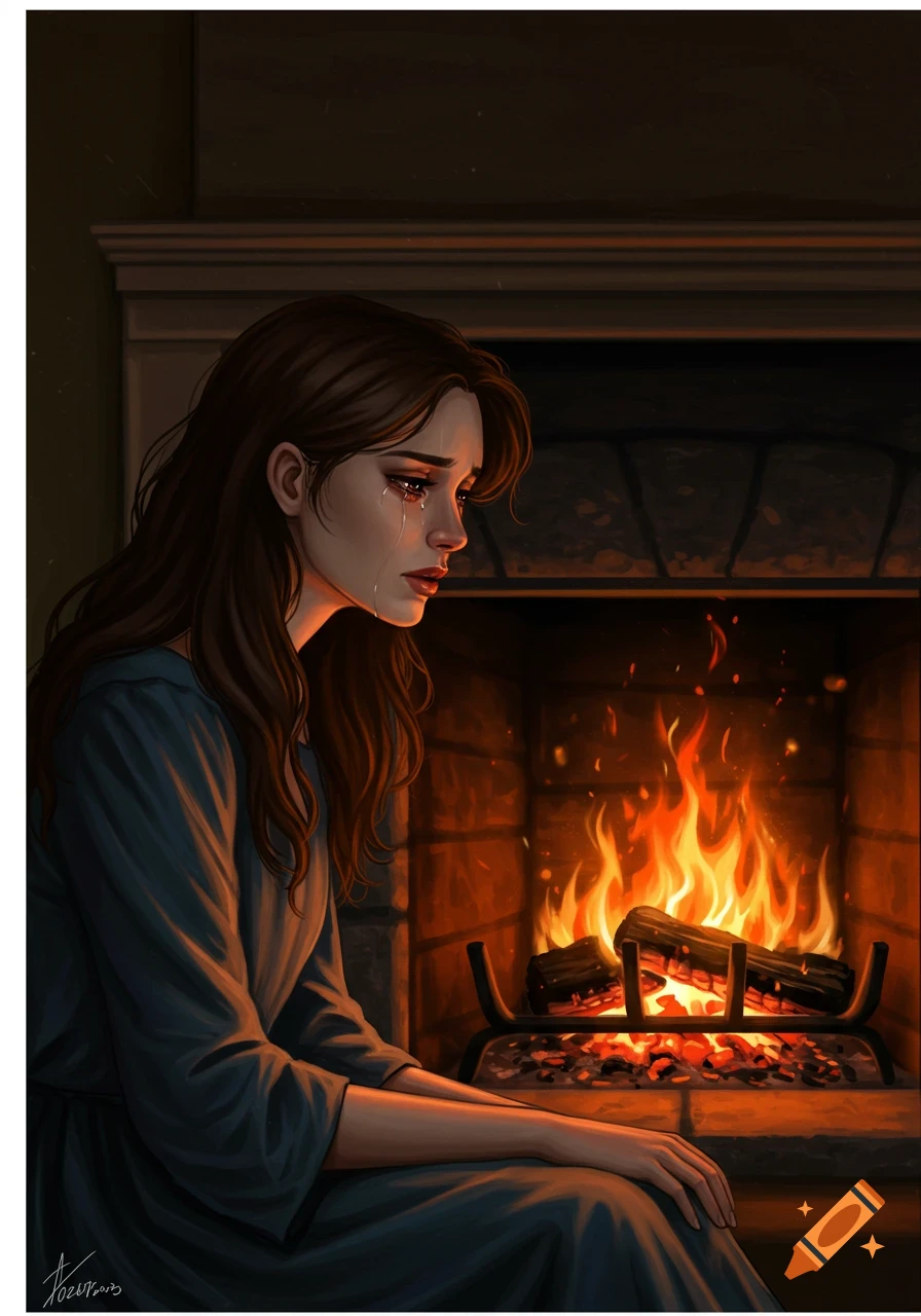 A long-haired woman with tears streaming down her face sits sadly by a roaring fireplace in a melancholic digital illustration.
