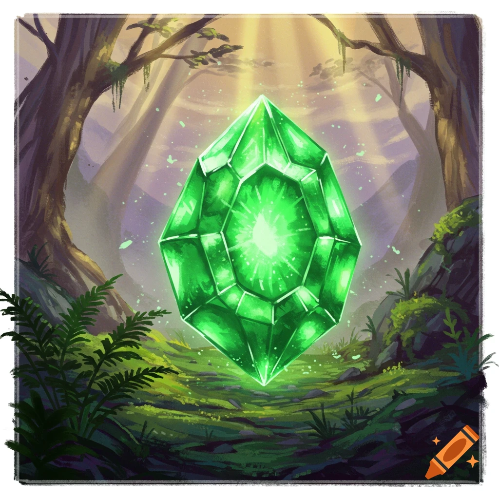 A vibrant green, faceted crystal glows brightly in the center of a mystical forest clearing, with sunlight dappling through trees.