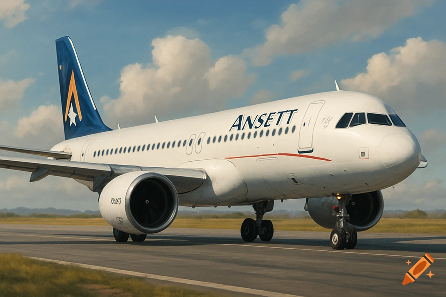 A photorealistic image of a white Ansett Airbus A321neo airplane on a runway, under a blue sky with clouds.