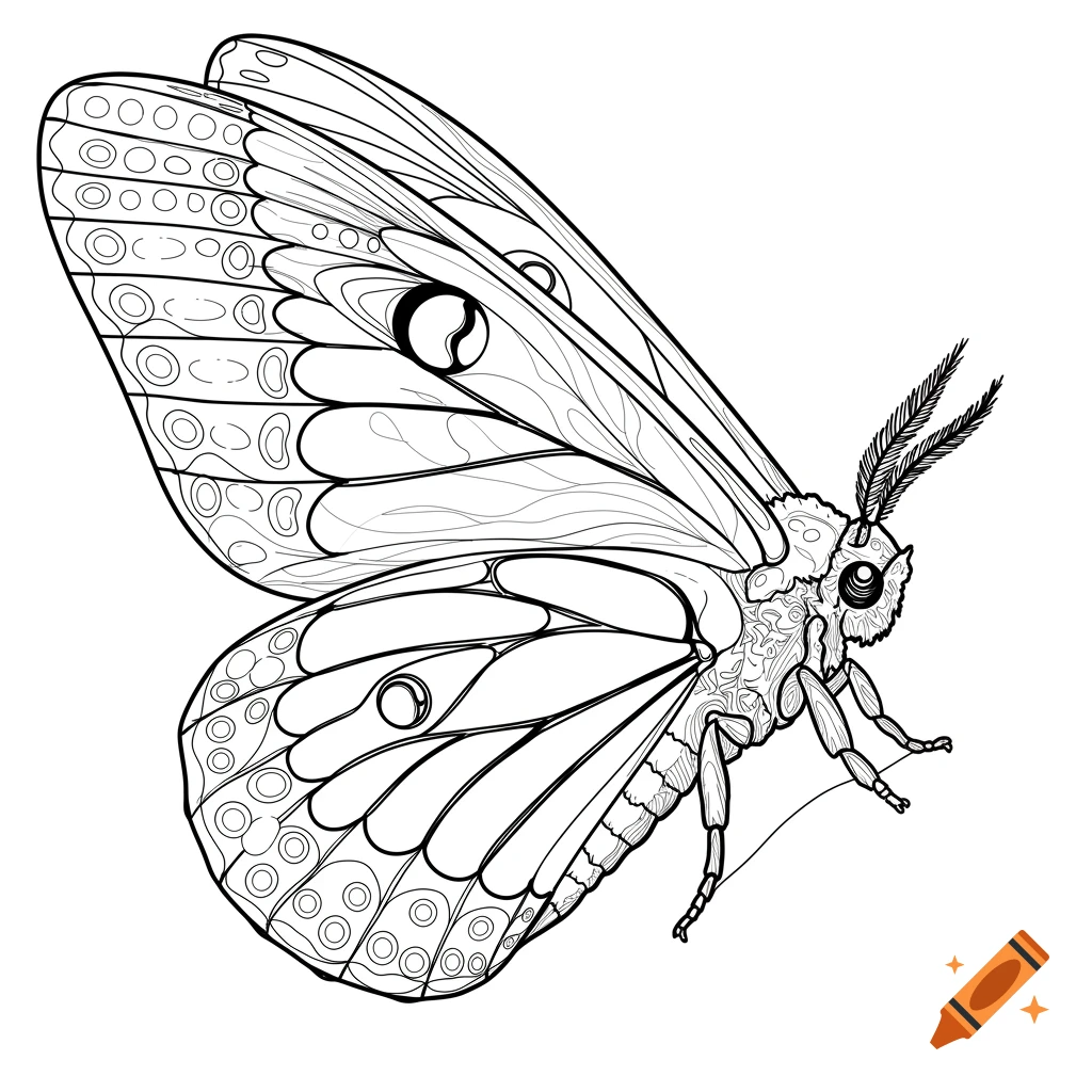 A detailed black and white line drawing of a moth with patterned wings, suitable for a coloring book.