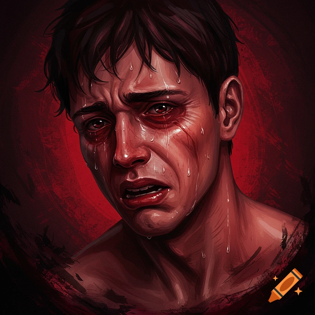 A close-up digital painting of a man with red, teary eyes, crying and sweating, depicting agony on a red background.