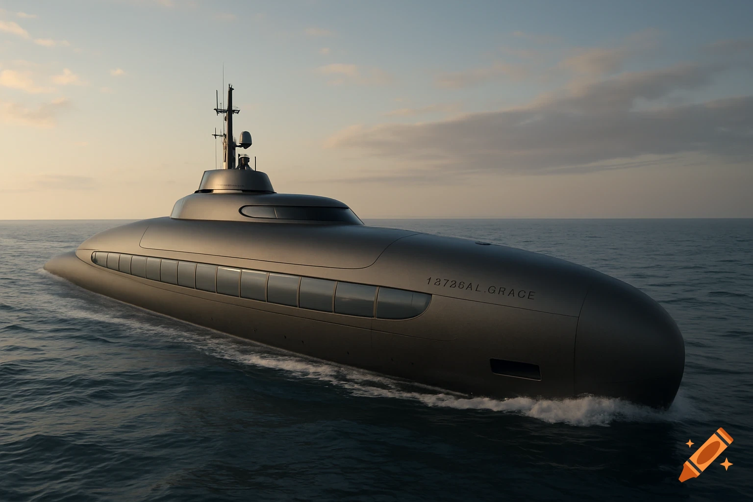 A sleek, futuristic gray submarine-yacht hybrid glides across calm blue ocean waters at sunset.