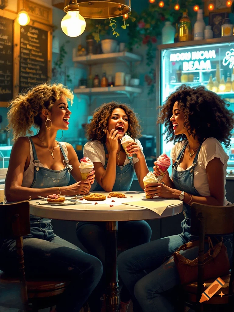 Three women in overalls laugh while eating ice cream and cookies at a table in a brightly lit cafe.
