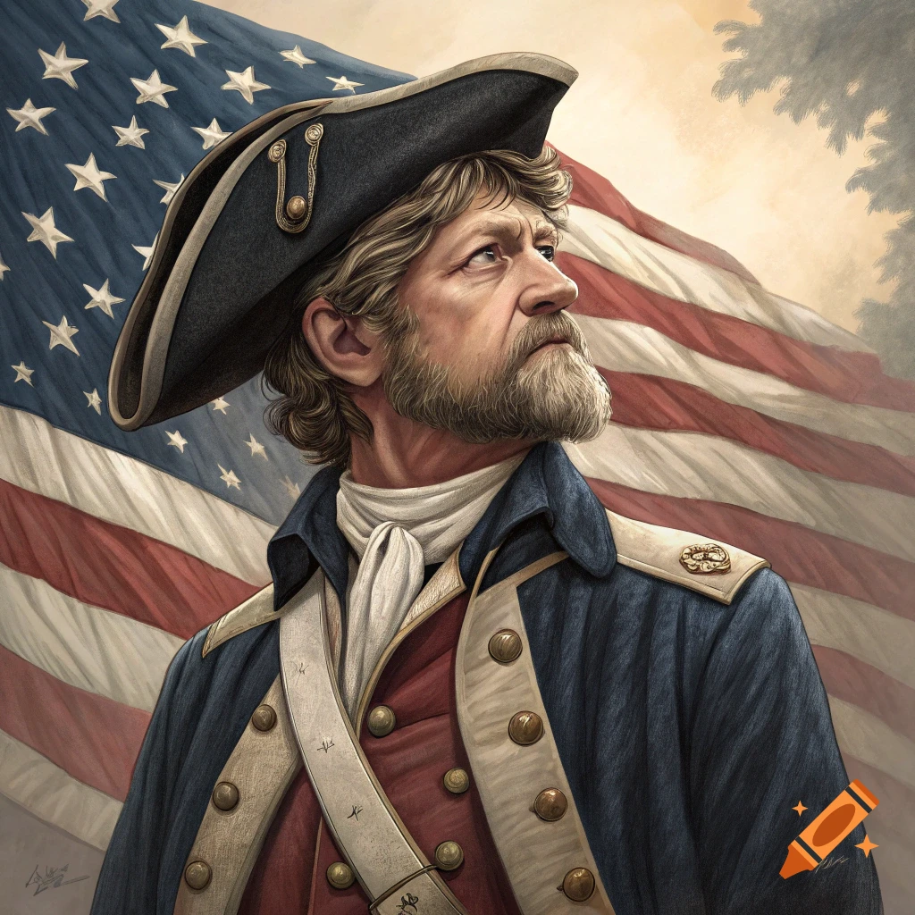 A bearded man in a Revolutionary War uniform and tricorn hat looks thoughtfully upward against a large American flag.