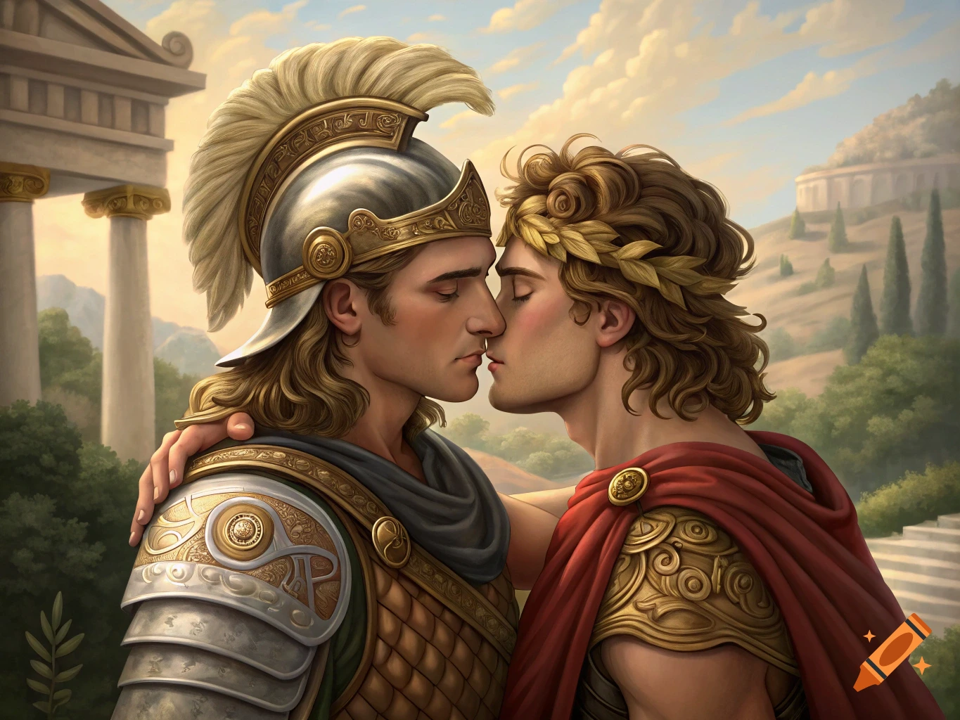 Two men in ancient Greek attire, one in armor and one with a wreath, kiss against a backdrop of classical architecture.