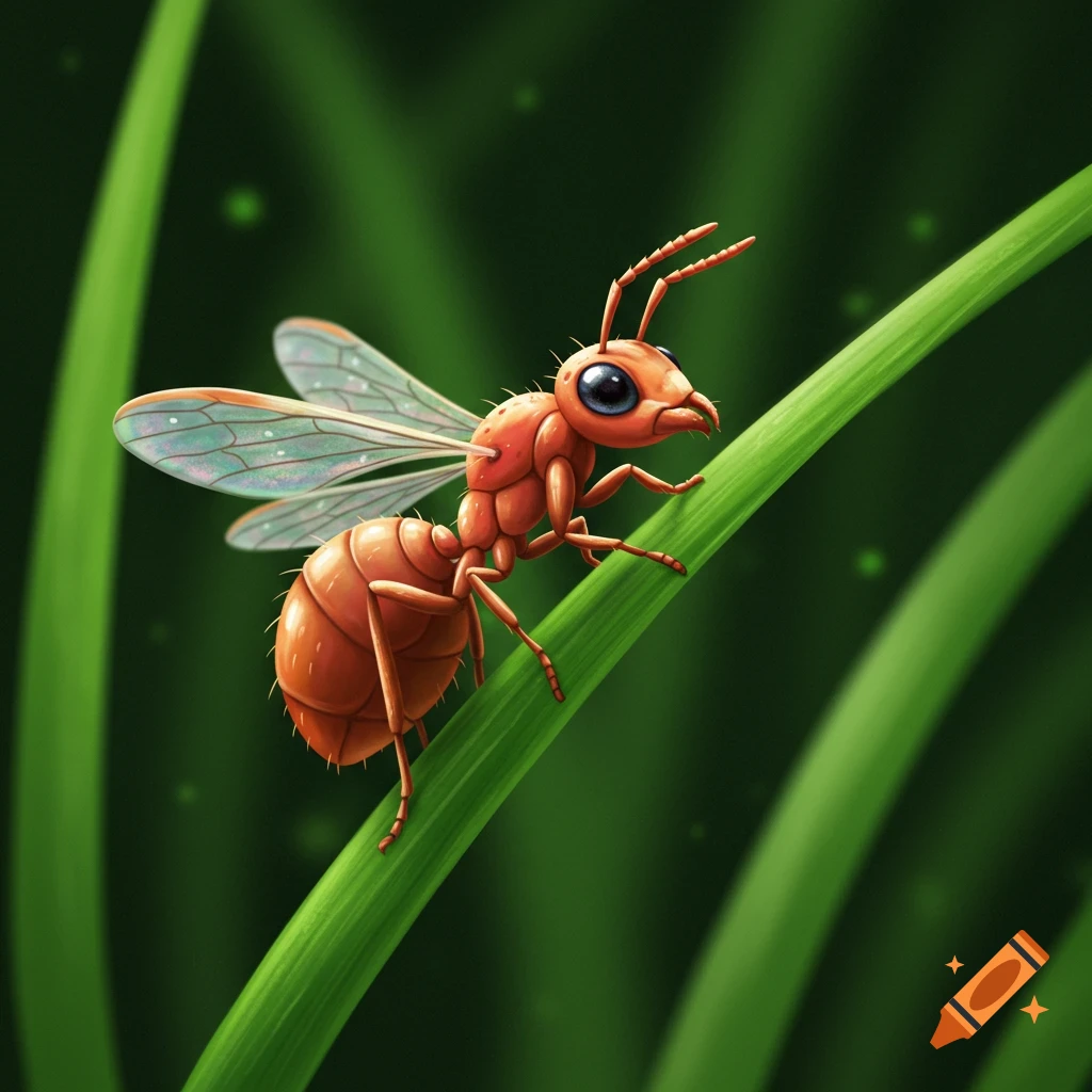 A cartoon-style winged ant with large blue eyes and antennae perched on a vibrant green blade of grass with a blurry green background.