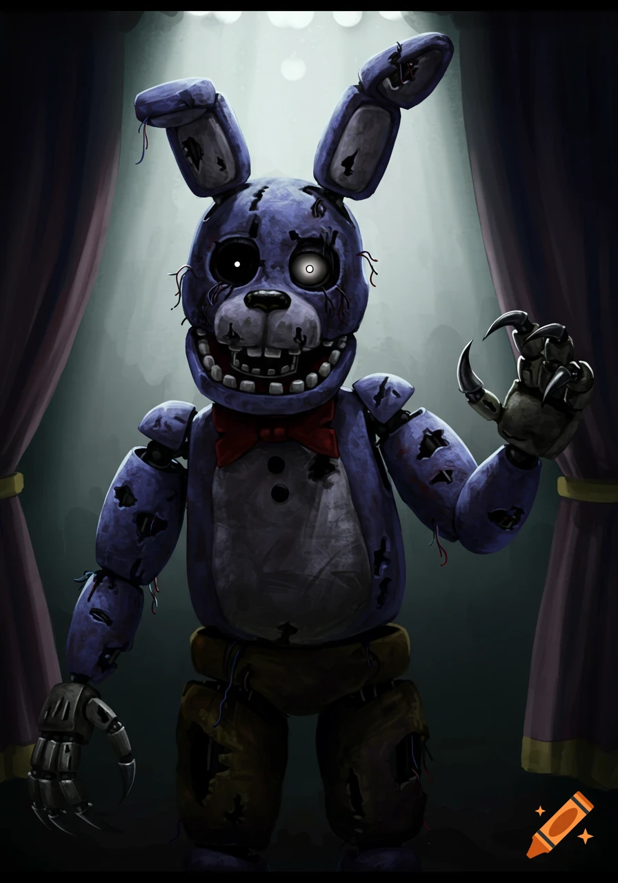 A purple, worn, and torn animatronic rabbit with one glowing eye, an empty eye socket, and a clawed hand, standing on a dark stage.