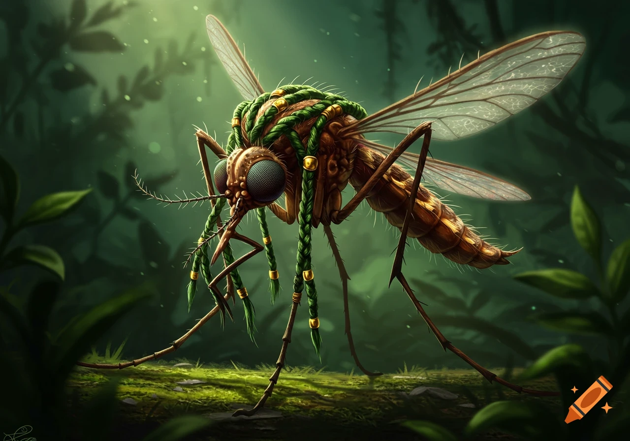 A detailed, stylized illustration of a mosquito with green dreadlocks and golden beads, standing in a lush green jungle.