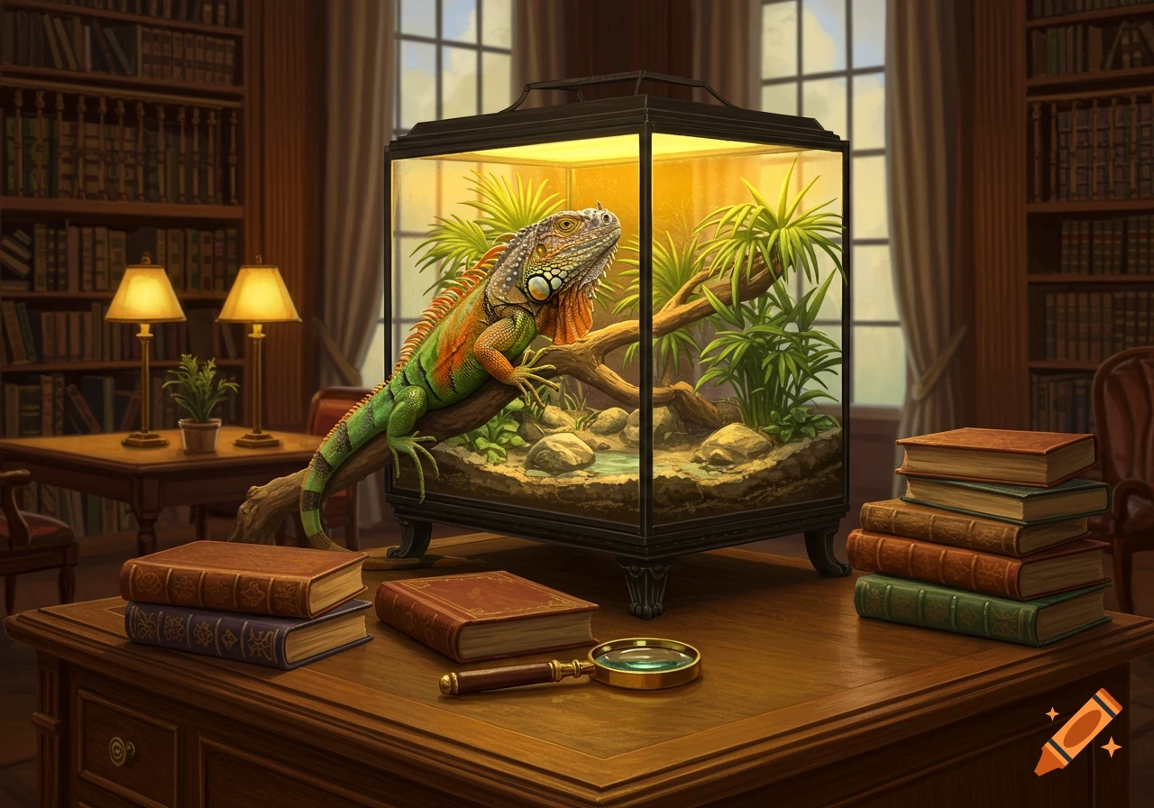 A vibrant green and orange iguana sits on a branch inside a glass terrarium on a wooden desk, surrounded by books in a cozy library.