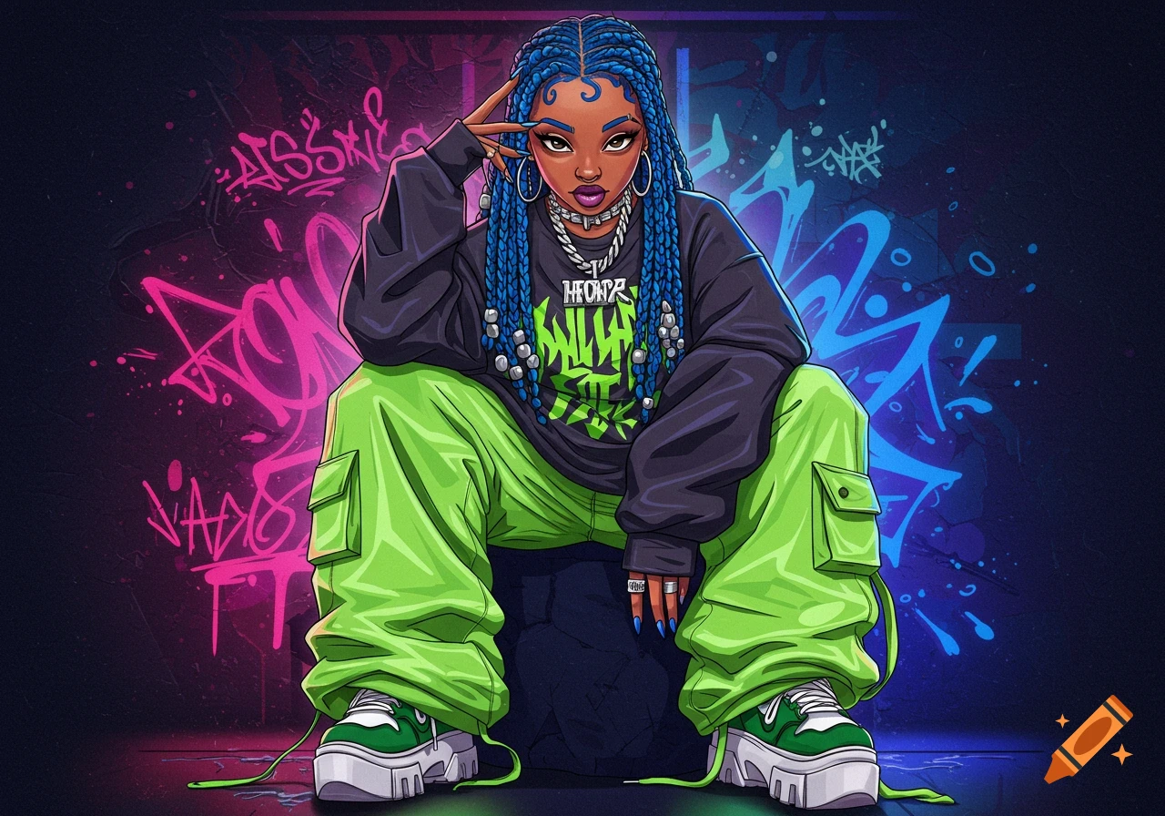 A vibrant cartoon illustration of a woman with blue braids, wearing a dark hoodie and bright green baggy pants, squatting against a neon graffiti background.