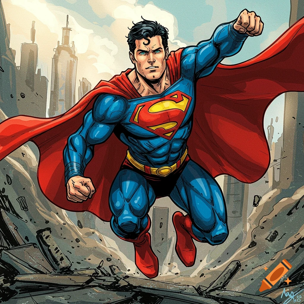 Comic book style illustration of Superman flying over a destroyed city, fists clenched, with his red cape billowing.