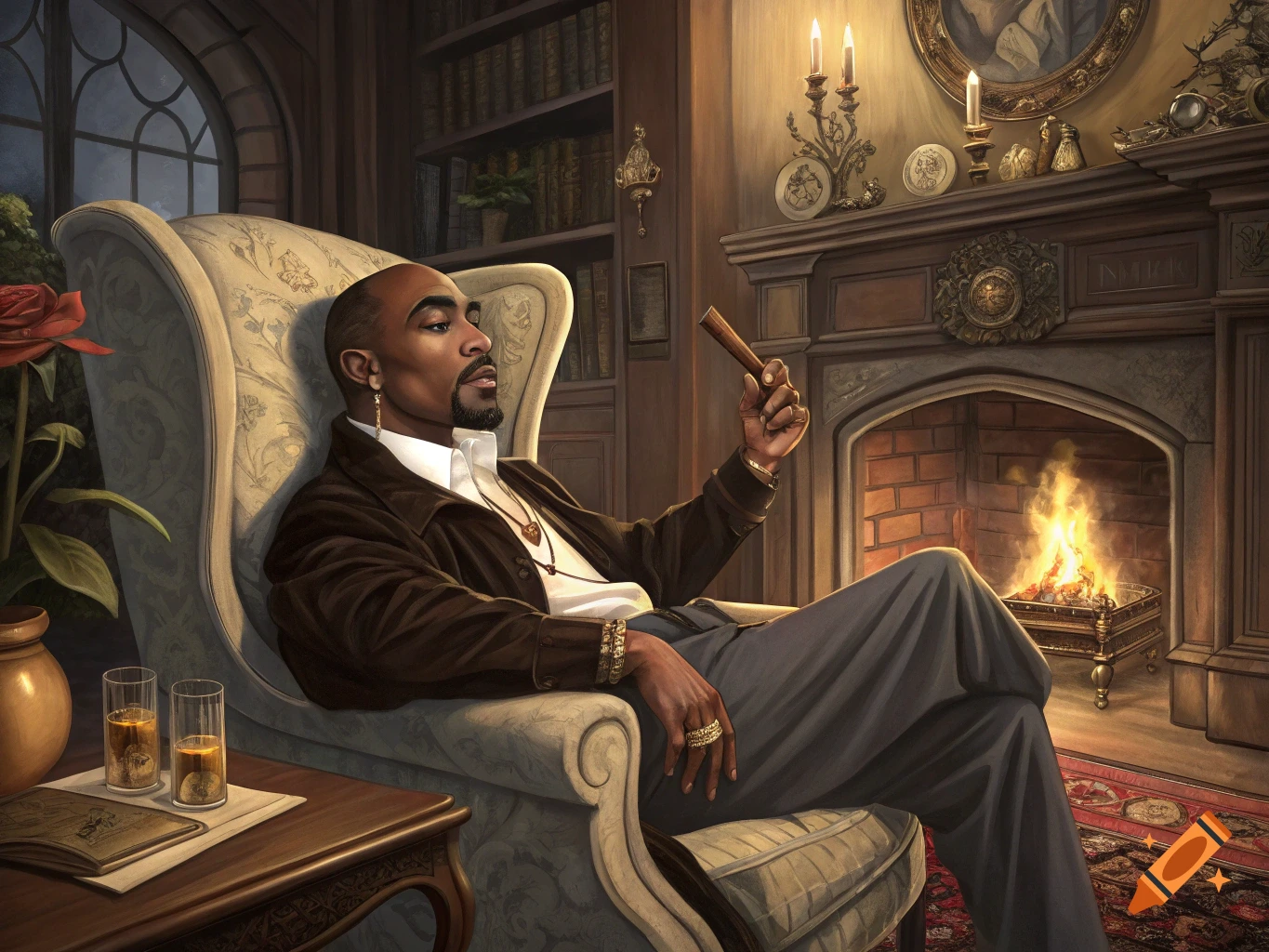 A man resembling Tupac Shakur sits in an ornate armchair by a fireplace in a luxurious, wood-paneled room, holding a cigar.