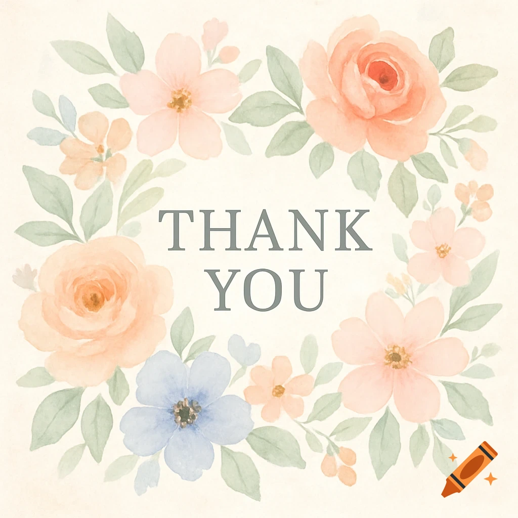 A watercolor floral wreath with peach, pink, and blue flowers and green leaves surrounding the text 'THANK YOU'.