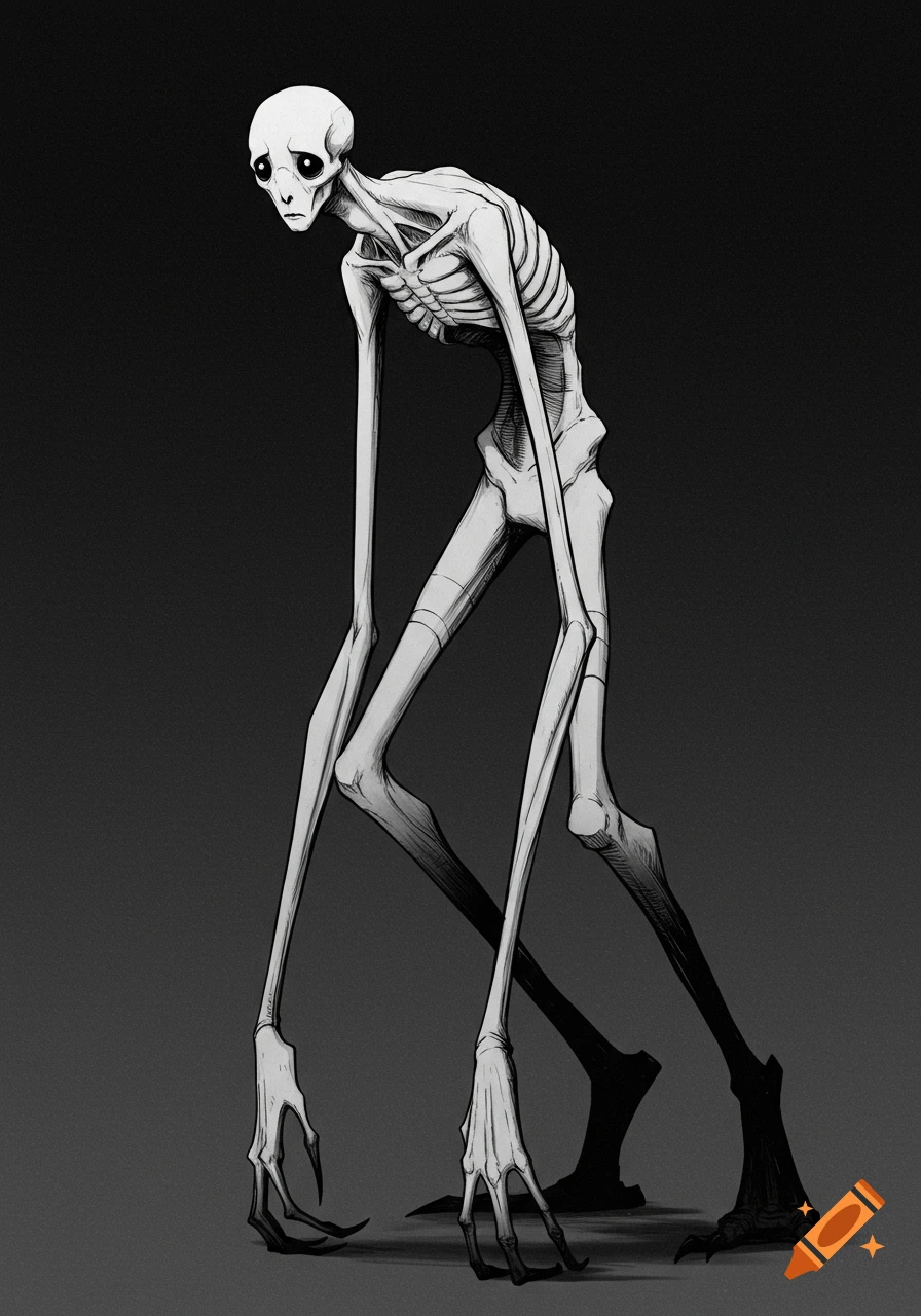 A tall, skinny monster with large, dark eyes in a black and white stylized illustration, reminiscent of Yoji Shinkawa's art.