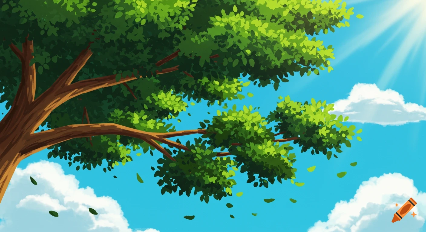 Cartoon of a leafy tree branch against a bright blue sky with white clouds and shining sun, with some leaves falling.