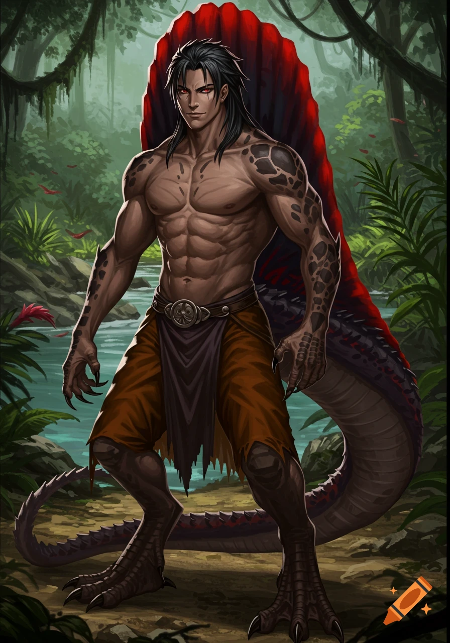 A muscular male spinosaurus demihuman with black hair, red eyes, and a large red fin, wearing a loincloth, stands in a jungle river.