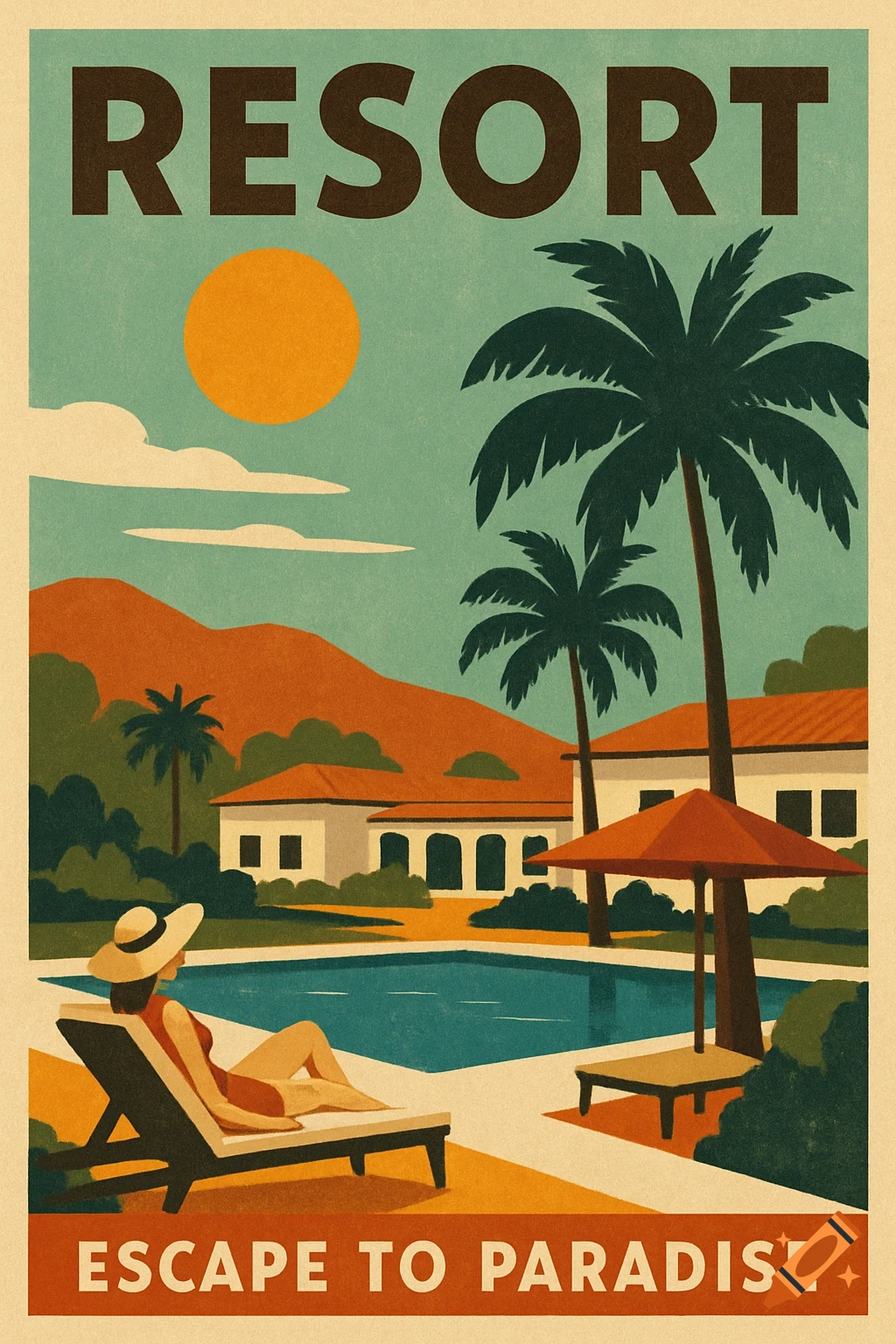A vintage resort travel poster featuring a person lounging by a swimming pool, with palm trees, mountains, and a large sun. Text reads "RESORT" and "ESCAPE TO PARADISE."
