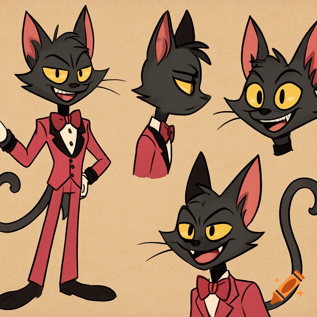 A character reference sheet of a cartoon black anthropomorphic cat wearing a red tuxedo, shown in multiple poses and facial expressions.