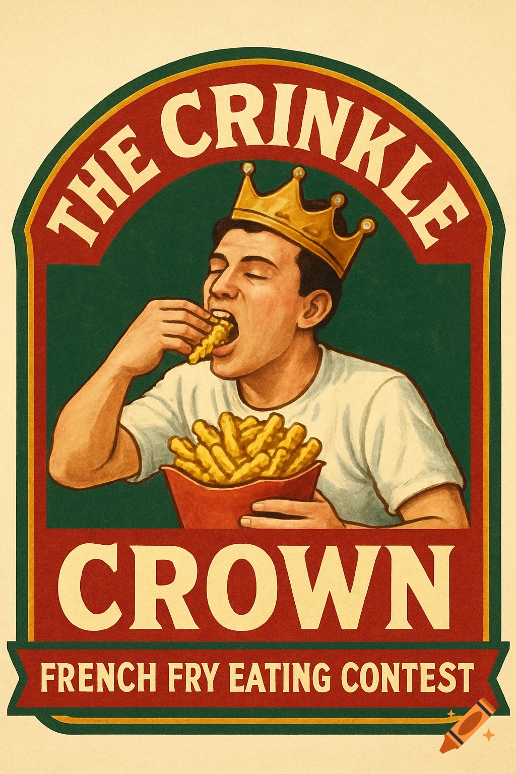 Vintage style poster for 'The Crinkle Crown French Fry Eating Contest' featuring a man in a crown eating fries.