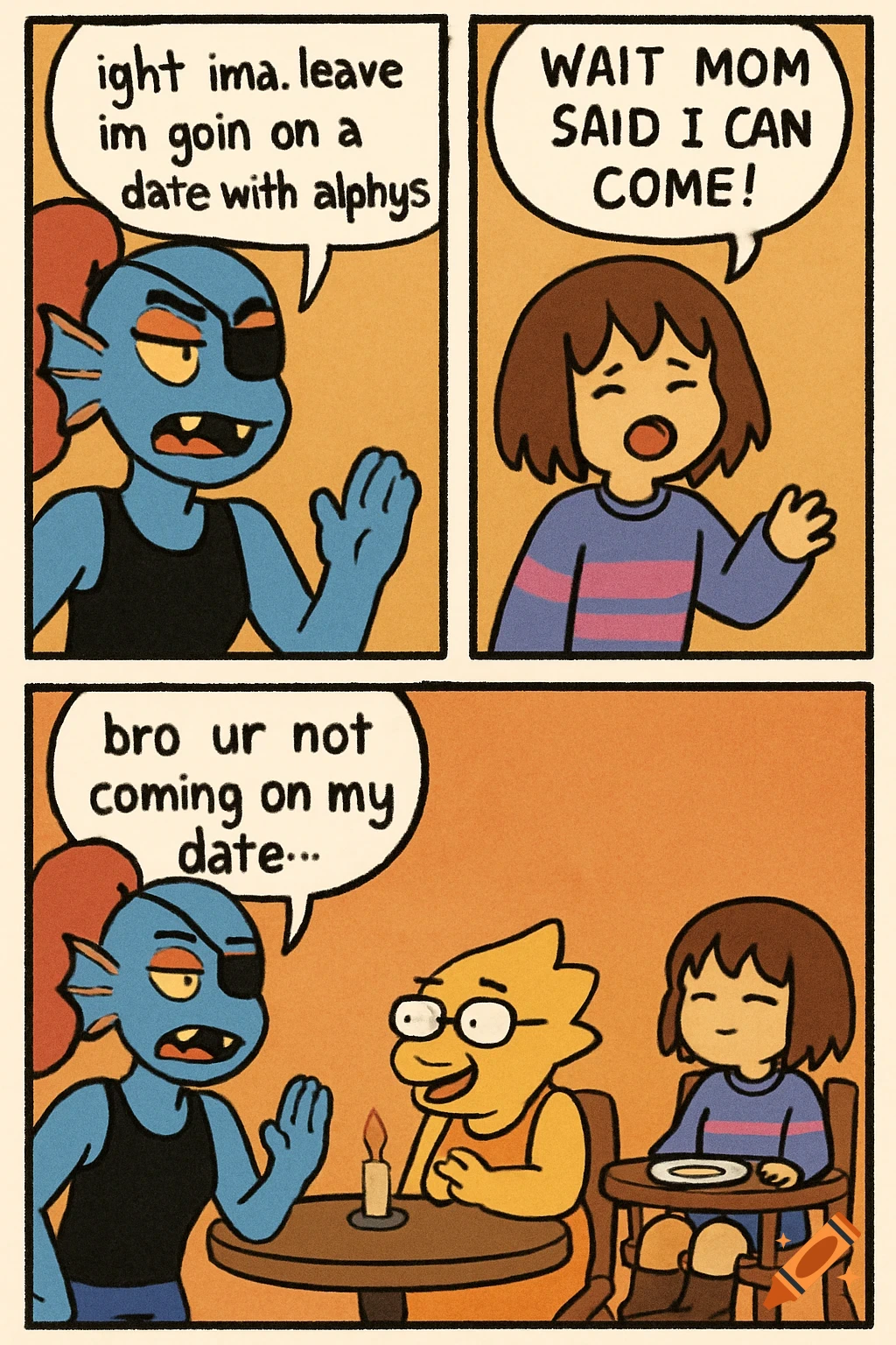 Comic of Undyne leaving for a date with Alphys, Frisk wanting to join, then Frisk sitting in a high chair at Undyne and Alphys' date.