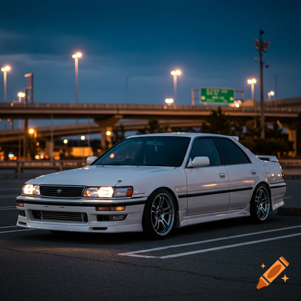 A white modified sedan with its lights on, parked on asphalt at night. Bright city lights and an overpass are in the background.