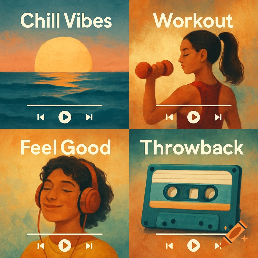 Four square, painterly music playlist covers: sunset over ocean, woman lifting dumbbell, person with headphones, and a cassette tape.