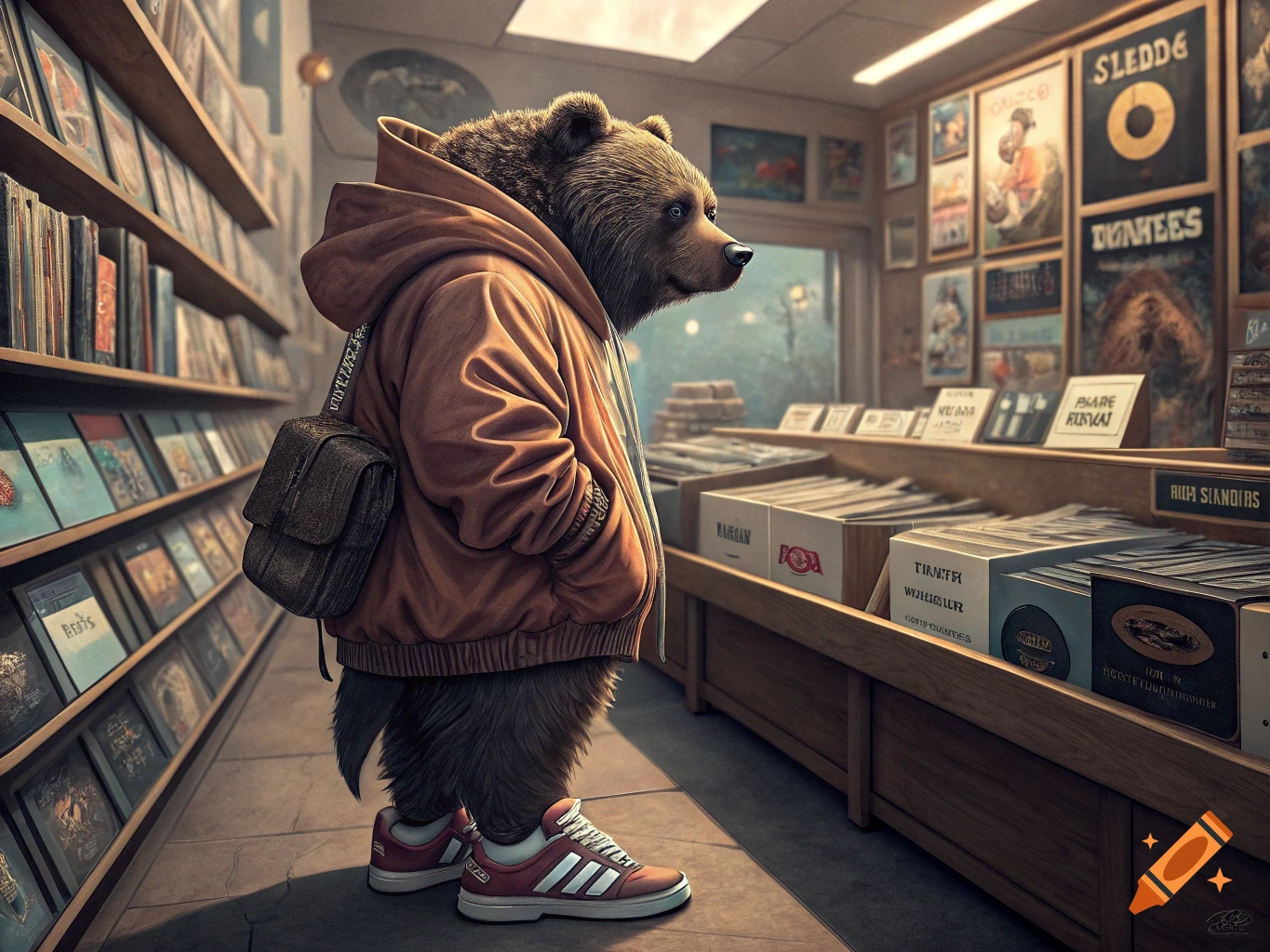A photorealistic brown bear in an orange hoodie and backpack stands in a record store looking at vinyl.