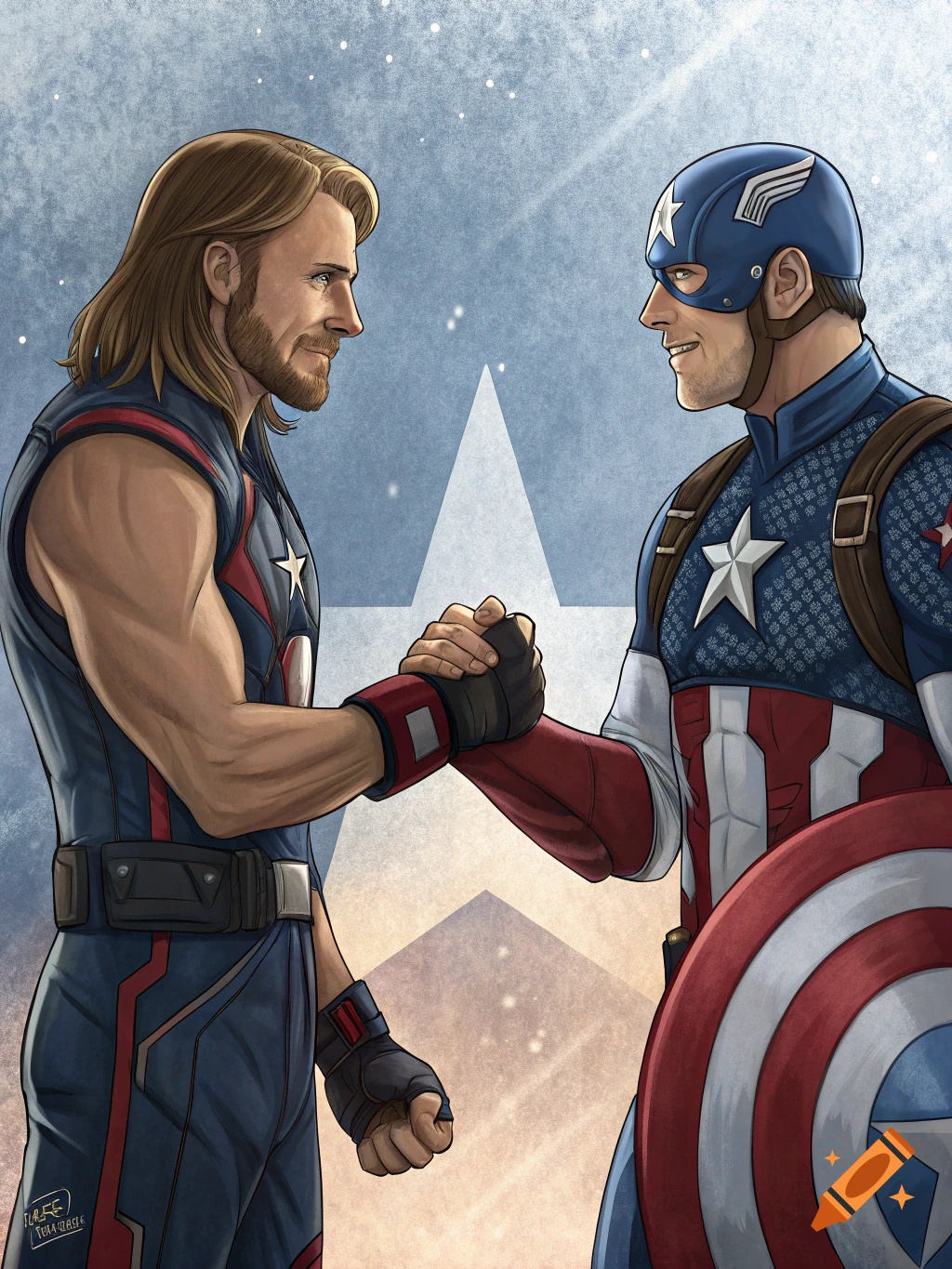 Two male superheroes, one resembling Captain America and another with long hair and a beard, shake hands in a comic art style.