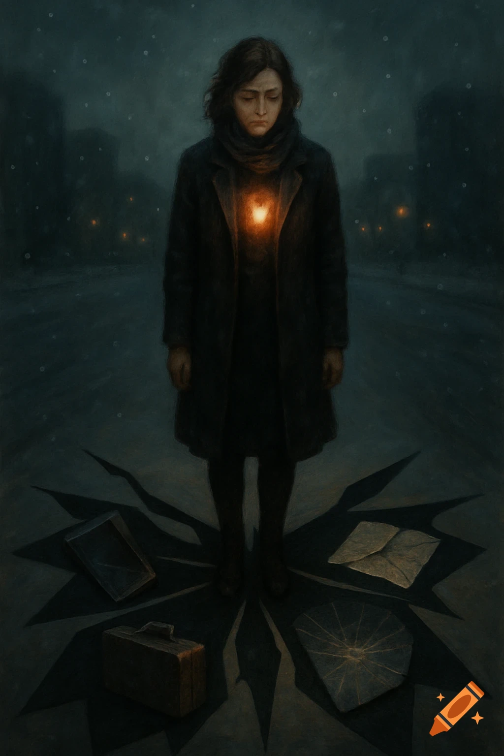 A lone woman with a glowing heart stands on a dark, snowy street amidst fractured shadows and symbolic broken items.