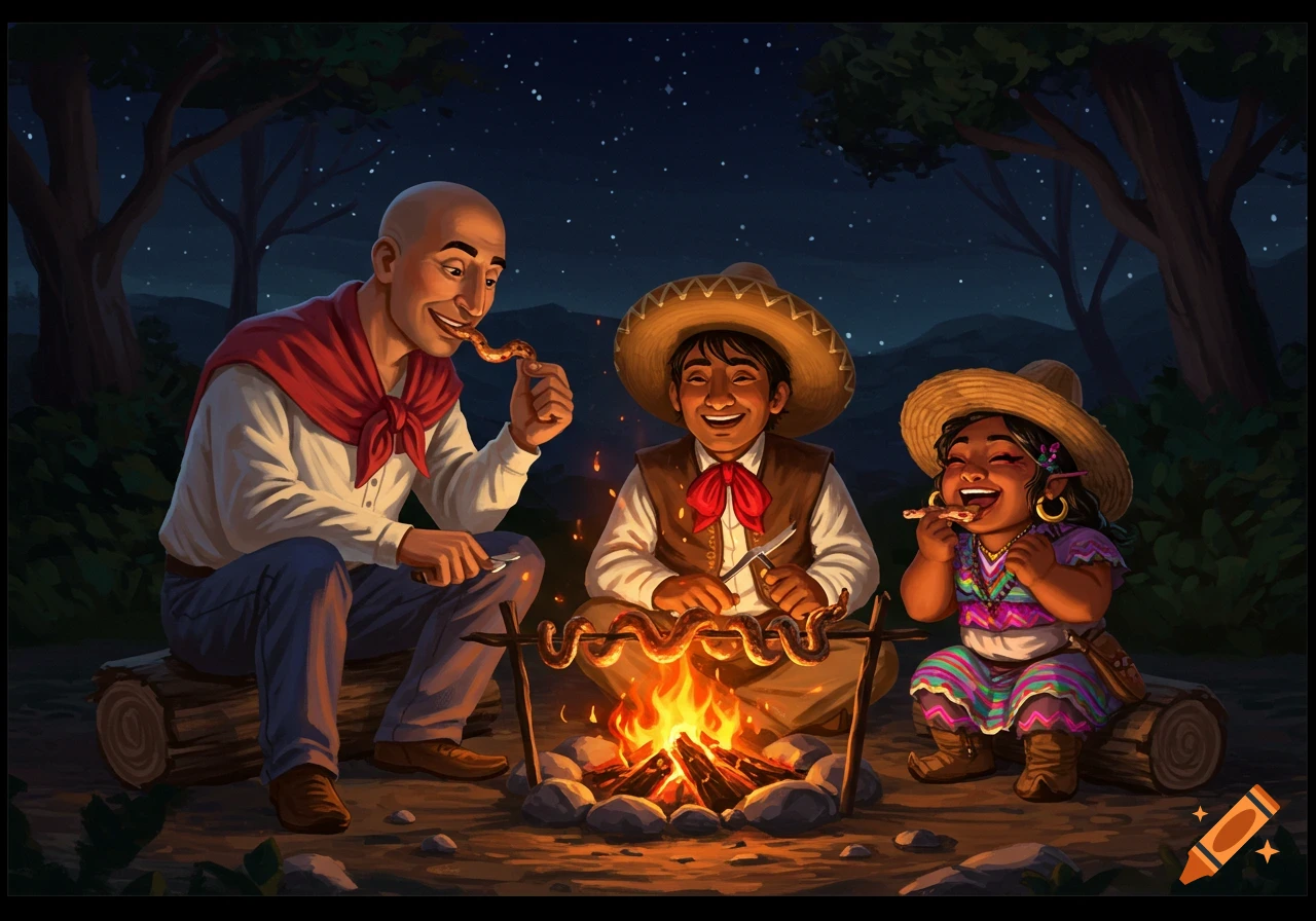 A bald man, a boy in a sombrero, and a female dwarf with pointy ears sit around a campfire at night, eating roasted snake.