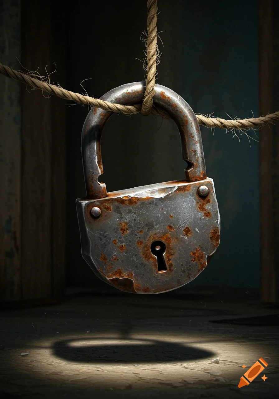 A close-up, photorealistic image of a rusted, dented padlock hanging from a fraying rope in a dimly lit room.