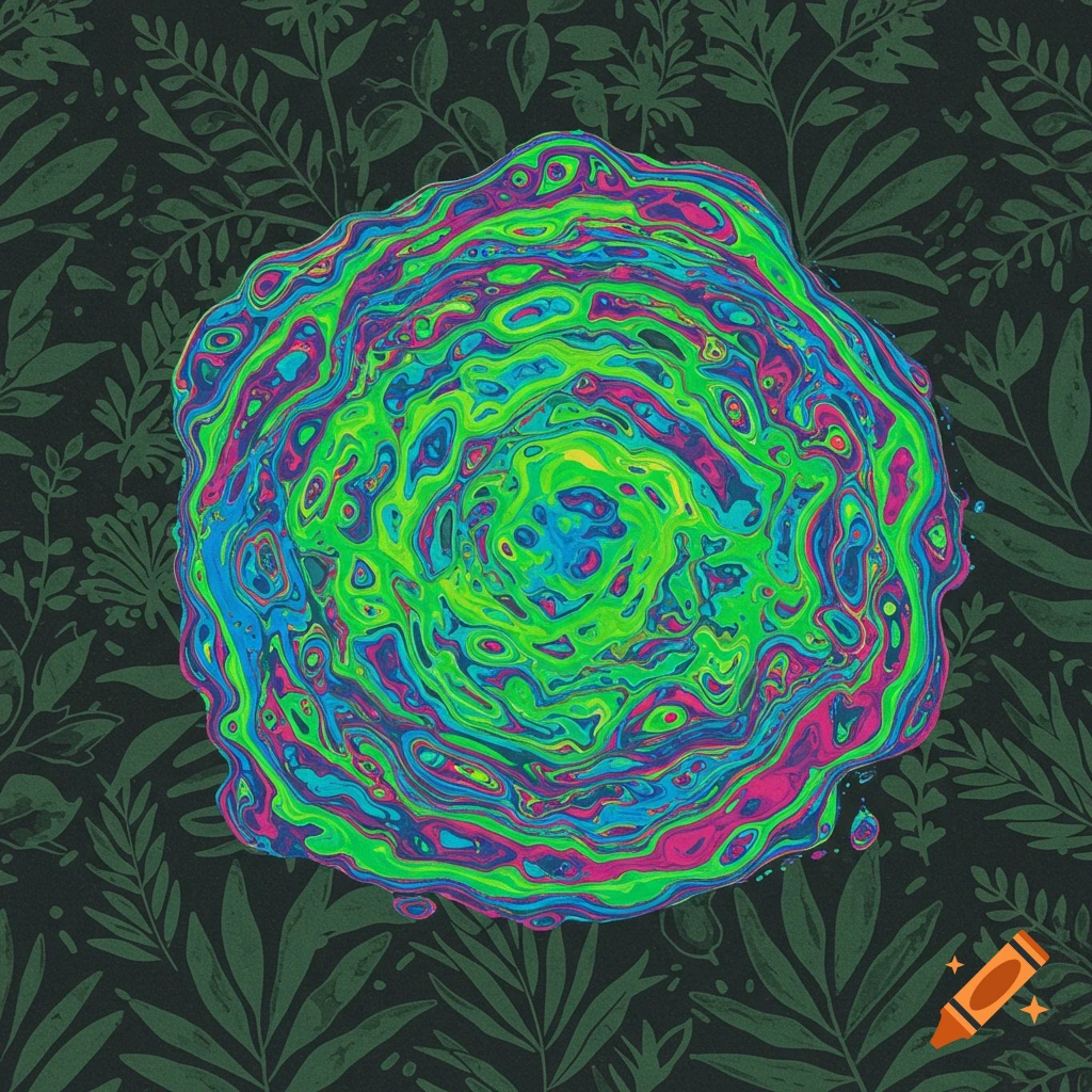 A vibrant, swirling multi-colored liquid form with shades of green, blue, pink, and yellow sits on a dark green background with lighter green leaf patterns.