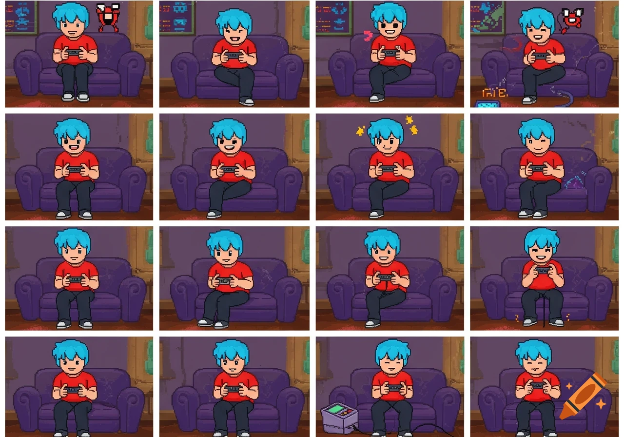 Pixel art animation sheet showing a character with blue hair playing video games on a purple couch.