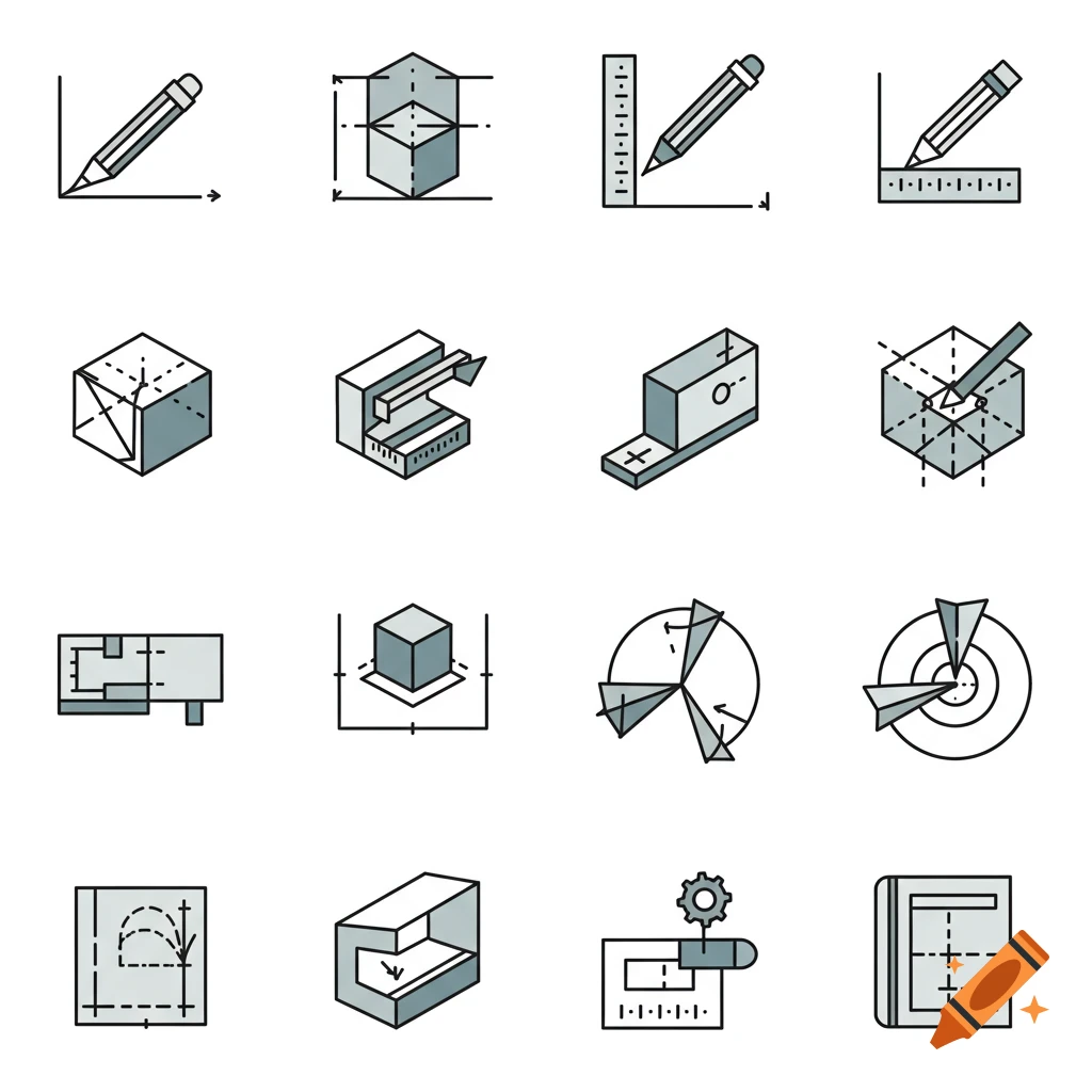 A grid of 16 minimalist line art icons related to design and engineering, including pencils, rulers, cubes, 3D shapes, and architectural plans.