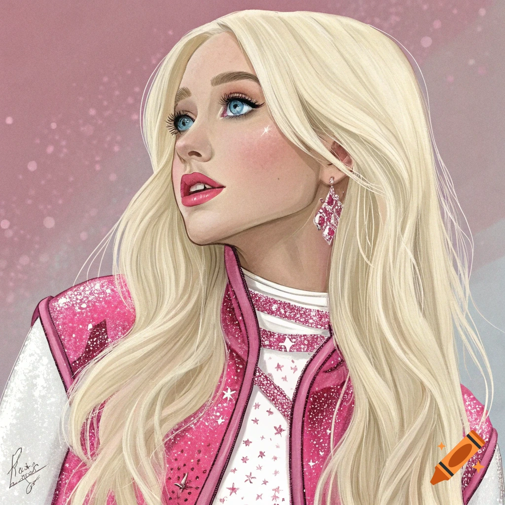 Illustration of a blonde woman with blue eyes and pink lipstick, wearing a sparkly pink and white outfit.