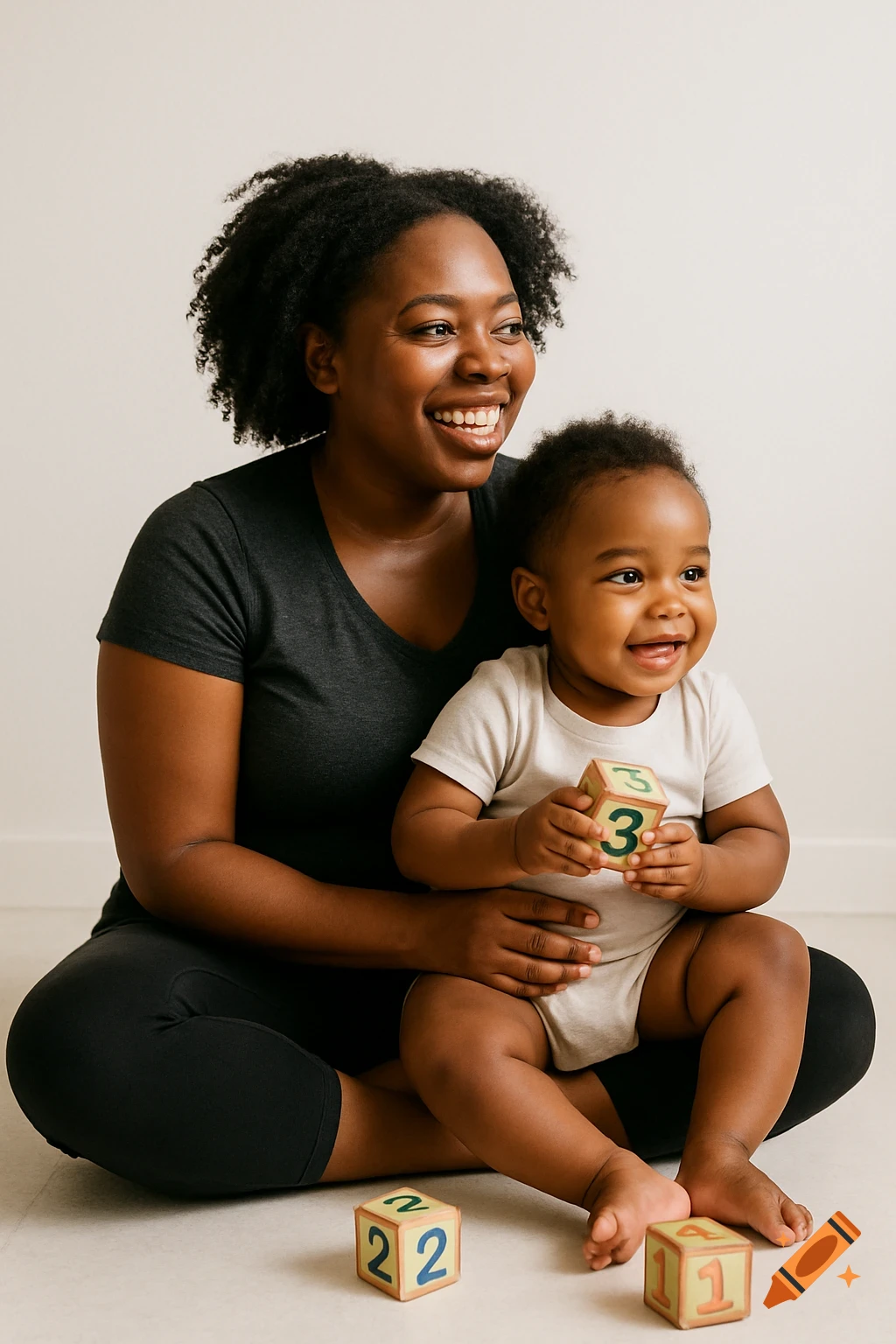 A happy Black mother sits on the floor, smiling, holding her laughing toddler playing with numbered blocks. Photorealistic.