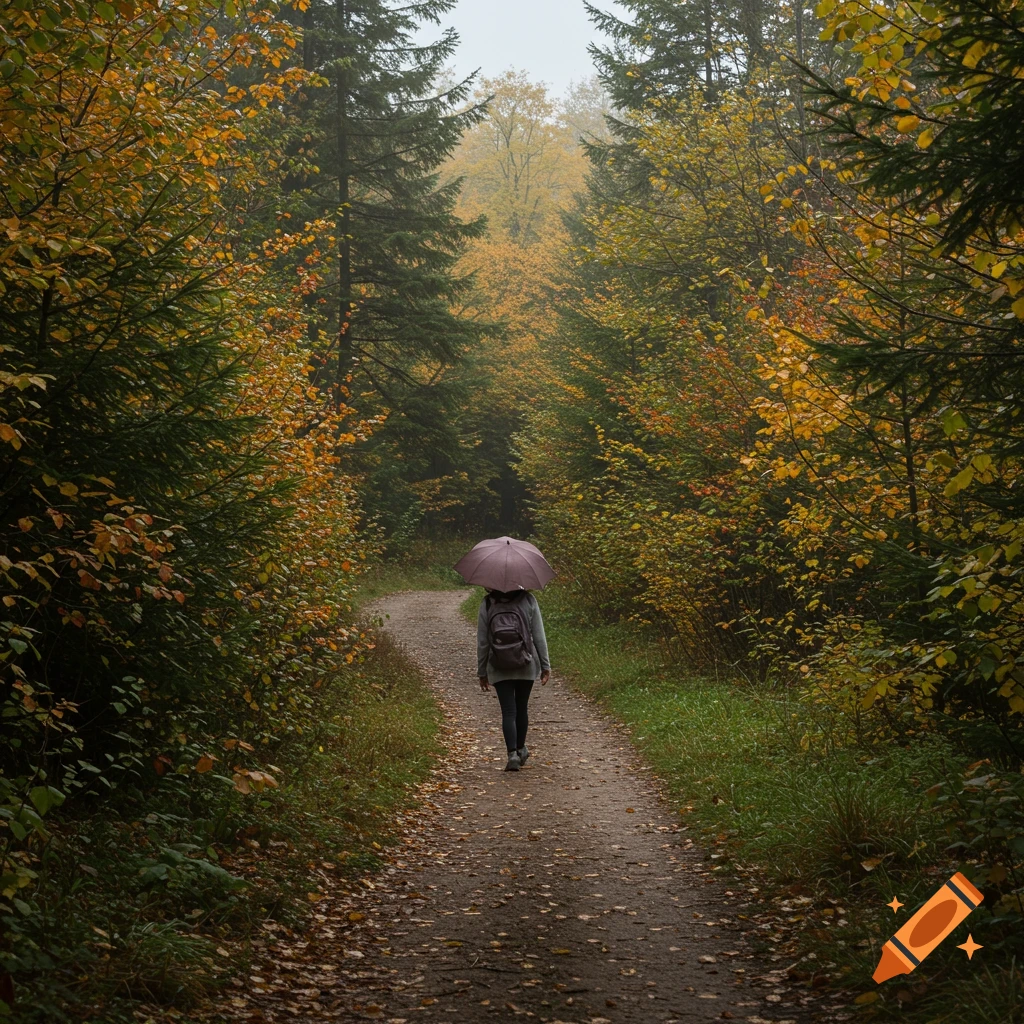 A person with a purple umbrella walks down a dirt path surrounded by trees with autumn leaves.