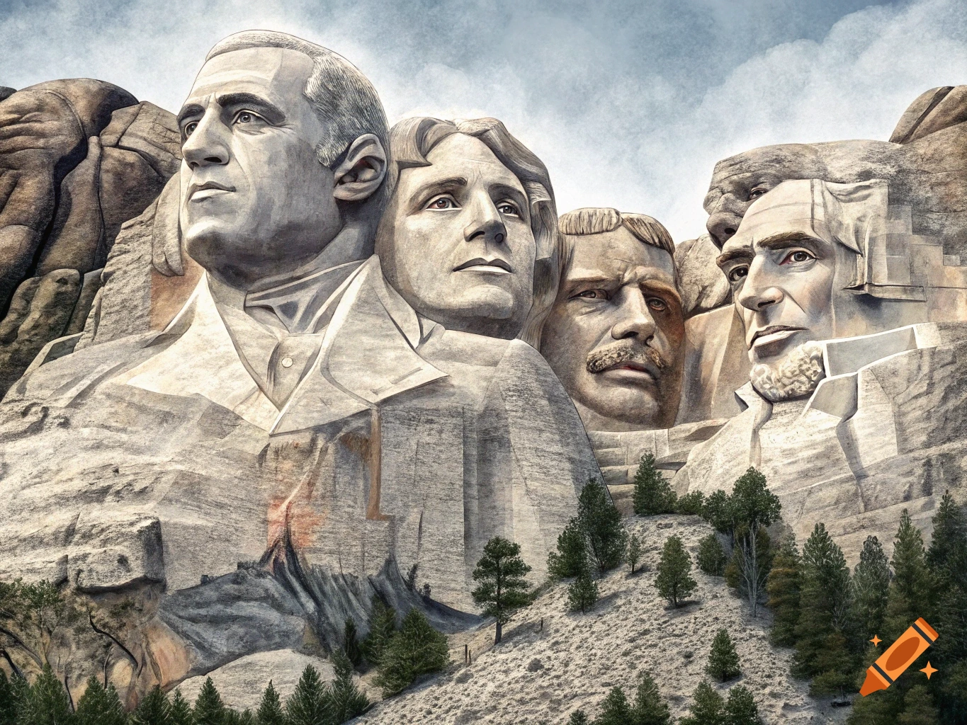 Faces resembling Joe Gibbs, Sammy Baugh, Art Monk, and Darrell Green carved into a mountain, similar to Mount Rushmore.