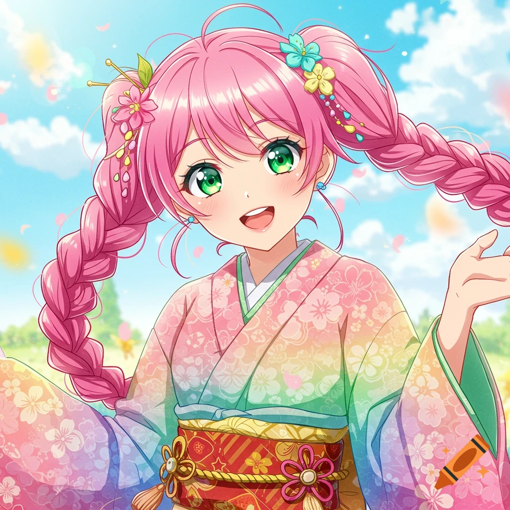 A vibrant anime girl with pink braided hair and green eyes, wearing a colorful, floral kimono, outdoors with cherry blossoms.