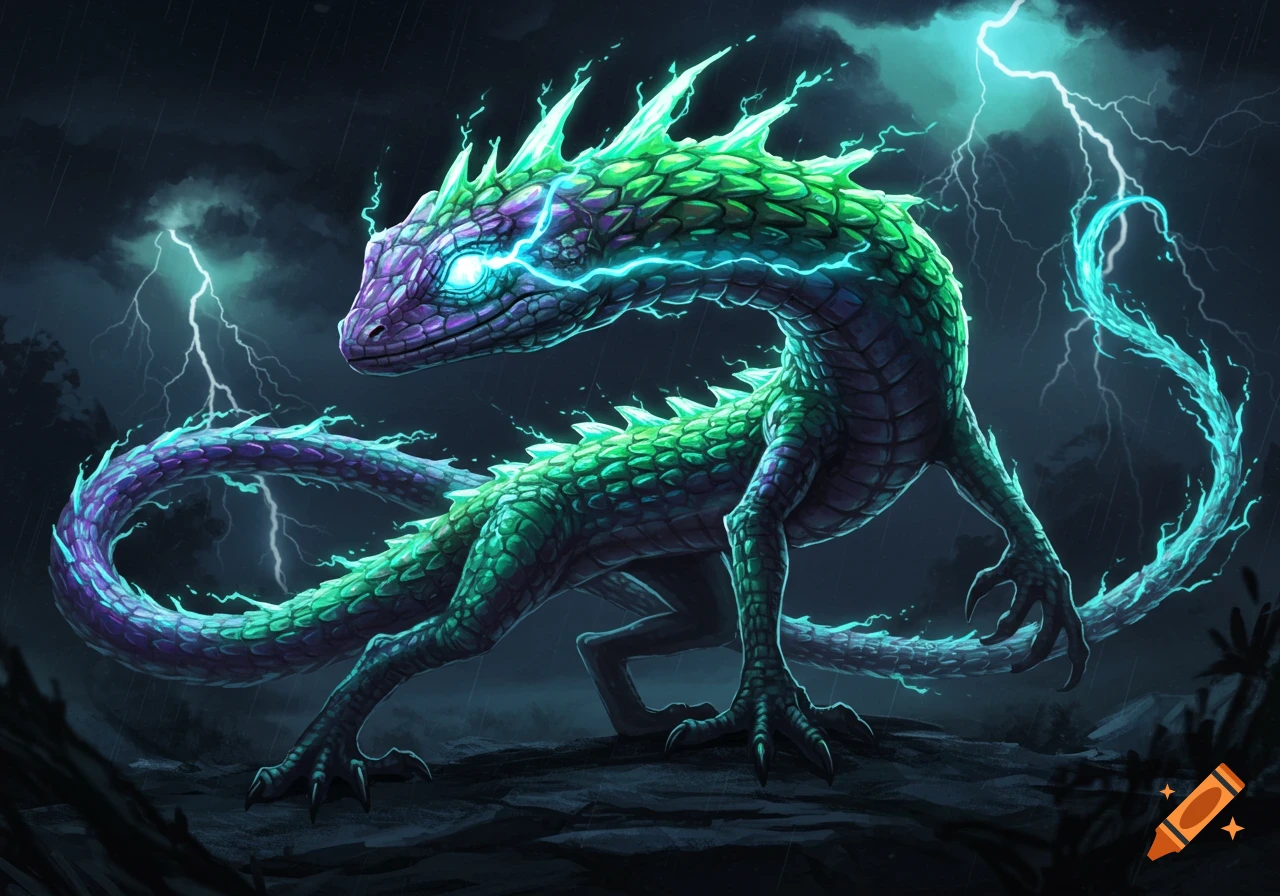 A vibrant green and purple electric lizard creature stands against a stormy sky with lightning.
